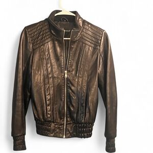 Knoles‎ & Carter Genuine Leather Black Bomber Jacket Ribbed Moto Bikercore Cozy